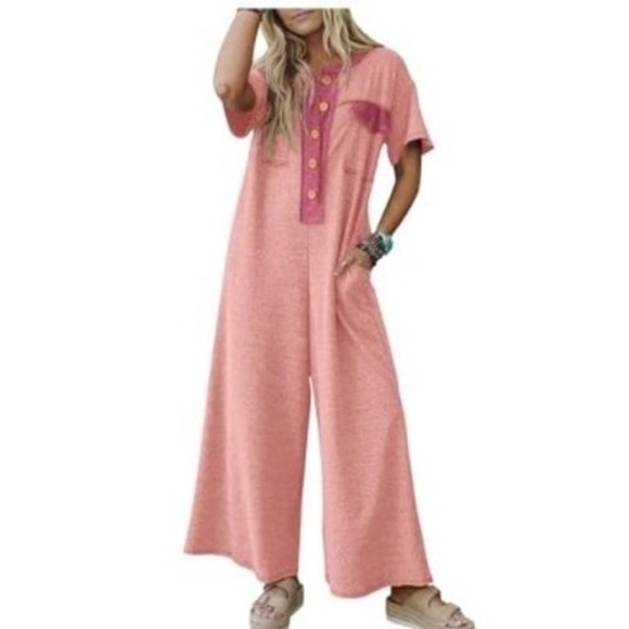 Amazon Pants - Fisoew Women's Pink Short Sleeve Wide Leg Jumpsuit – Size Large – NWT